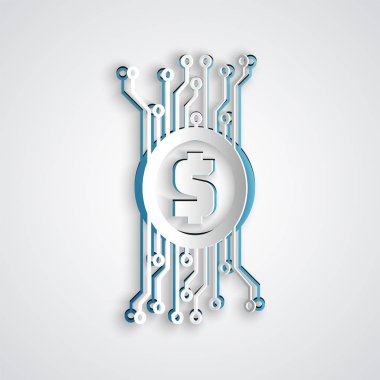 Kağıt gri arka plan üzerinde izole mikroçip devre simgesi ile daire içinde Cryptocurrency bitcoin kesti. Blockchain teknolojisi, dijital para piyasası. Kağıt sanat tarzı. Vektör İllüstrasyonu