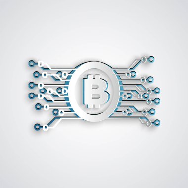 Kağıt gri arka plan üzerinde izole mikroçip devre simgesi ile daire içinde Cryptocurrency bitcoin kesti. Blockchain teknolojisi, dijital para piyasası. Kağıt sanat tarzı. Vektör İllüstrasyonu