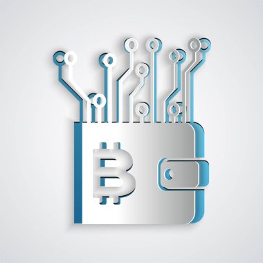 Kağıt kesilmiş Cryptocurrency cüzdan simgesi gri arka planda yalıtılmış. Cüzdan ve bitcoin işareti. Madencilik konsepti. Para, ödeme, nakit, ödeme simgesi. Kağıt sanat tarzı. Vektör İllüstrasyonu