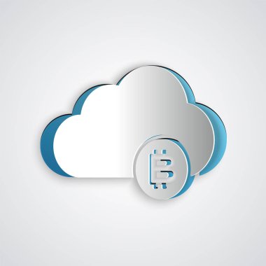 Kağıt kesme Cryptocurrency bulut madenciliği simgesi gri arka plan üzerinde yalıtılmış. Blockchain teknolojisi, bitcoin, dijital para piyasası, kripto para cüzdanı. Kağıt sanat tarzı. Vektör İllüstrasyonu