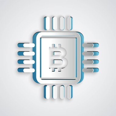 Kağıt kesme Cpu madencilik çiftlik simgesi gri arka plan üzerinde izole. Mikroçipin içinde Bitcoin işareti. Kripto para madenciliği topluluğu. Dijital para. Kağıt sanat tarzı. Vektör İllüstrasyonu