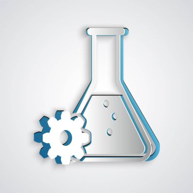 Kağıt kesme Biyomühendislik simgesi gri arka plan üzerinde izole. Genetik ve biyomühendislik simgesinin unsuru. Biyoloji, molekül, kimyasal ikon. Kağıt sanat tarzı. Vektör İllüstrasyonu