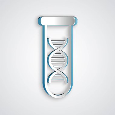 Kağıt kesilmiş DNA araştırması, arama simgesi gri arka plan üzerinde izole. Genetik mühendisliği, genetik testi, klonlama, babalık testi. Kağıt sanat tarzı. Vektör İllüstrasyonu