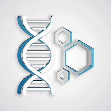 Kağıt kesilmiş Genetik mühendislik simgesi gri arka plan üzerinde izole. DNA analizi, genetik testi, klonlama, babalık testi. Kağıt sanat tarzı. Vektör İllüstrasyonu