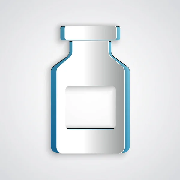 Corte de papel icono de la botella de medicina aislado sobre fondo gris. Signo de la píldora. Diseño de farmacia. Estilo de arte de papel. Ilustración vectorial — Archivo Imágenes Vectoriales