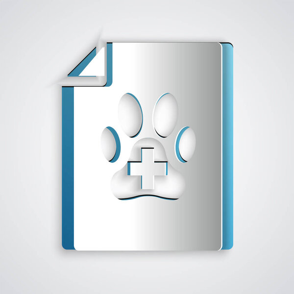 Paper cut Medical certificate for travel with dog or cat icon isolated on grey background. Document for pet. Dog or cat paw print. Paper art style. Vector Illustration