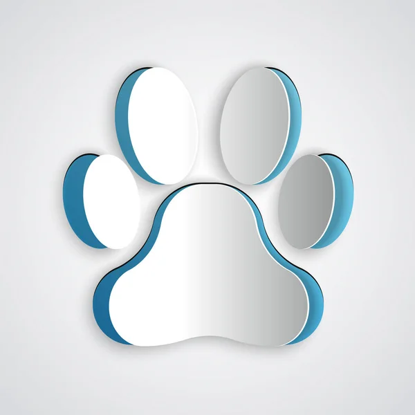 Paper cut Paw print icon isolated on grey background. Dog or cat paw print. Animal track. Paper art style. Vector Illustration