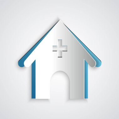 Kağıt kesilmiş Veteriner tıp hastanesi, klinik veya hayvanlar için evcil hayvan dükkanı simgesi gri arka plan üzerinde izole. Veteriner veya veteriner kliniği. Kağıt sanat tarzı. Vektör İllüstrasyonu