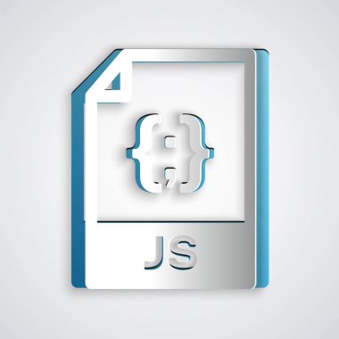 Kağıt kesilmiş Js dosya belgesi. Gri arka planda yalıtılmış js düğme simgesini indirin. Js dosya sembolü. Kağıt sanat tarzı. Vektör İllüstrasyonu