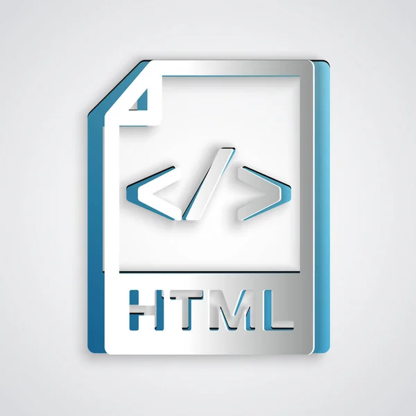 Papiergeschnittene HTML-Datei Dokument. HTML-Symbol auf grauem Hintergrund isoliert herunterladen. HTML-Dateisymbol. Markup-Sprachsymbol. Papierkunst. Vektorillustration — Stockvektor
