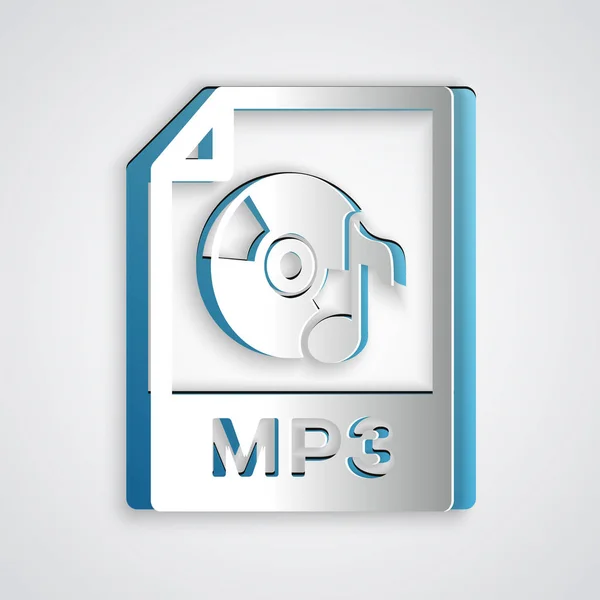 Papper klippa mp3 arkivera dokument. Ladda ner MP3-knappen ikon isolerad på grå bakgrund. MP3 musik format tecken. MP3-filsymbol. Papperskonst stil. Vektor illustration — Stock vektor