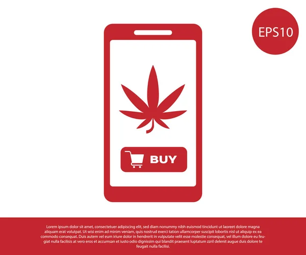 Červený Mobilní telefon a lékařská marihuana nebo konopný list ikona izolované na bílém pozadí. Online nákupní symbol. Koš v supermarketu. Vektorová ilustrace — Stockový vektor