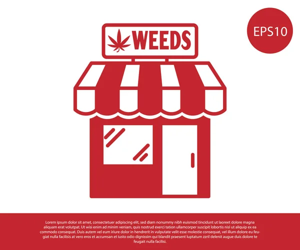 Ikon Red Marijuana dan toko ganja terisolasi dengan latar belakang putih. Peralatan dan aksesoris untuk merokok, menyimpan ganja medis. Ilustrasi Vektor - Stok Vektor