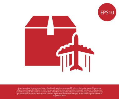 Kırmızı Düzlem ve karton kutu simgesi beyaz arka plan üzerinde izole. Teslimat, nakliye. Hava yoluyla kargo teslimatı. Koliler, kutular olan uçaklar. Vektör İllüstrasyonu