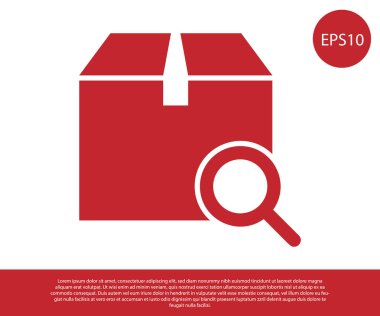 Kırmızı Arama paket simgesi beyaz arka planda yalıtılmış. Parsel izleme sembolü. Büyüteç ve karton kutu. Lojistik ve teslimat. Vektör İllüstrasyonu