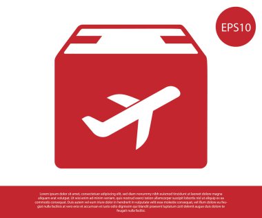 Kırmızı Düzlem ve karton kutu simgesi beyaz arka plan üzerinde izole. Teslimat, nakliye. Hava yoluyla kargo teslimatı. Koliler, kutular olan uçaklar. Vektör İllüstrasyonu