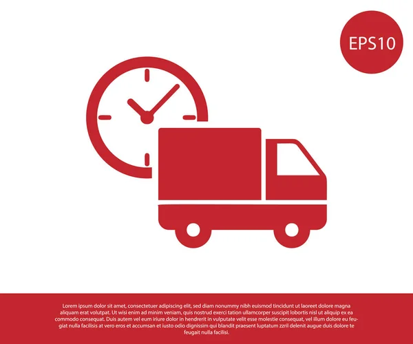 Red Logistics delivery truck and clock icon isolated on white background. Delivery time icon. Vector Illustration