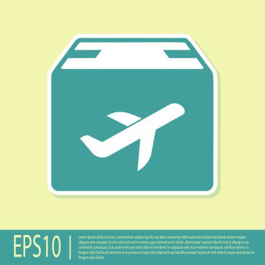 Yeşil Düzlem ve karton kutu simgesi sarı arka plan üzerinde izole. Teslimat, nakliye. Hava yoluyla kargo teslimatı. Koliler, kutular olan uçaklar. Vektör İllüstrasyonu