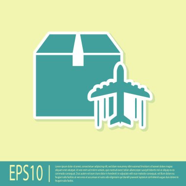 Yeşil Düzlem ve karton kutu simgesi sarı arka plan üzerinde izole. Teslimat, nakliye. Hava yoluyla kargo teslimatı. Koliler, kutular olan uçaklar. Vektör İllüstrasyonu