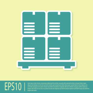 Sarı arka planda izole palet simgesi üzerinde Yeşil Karton kutular. Kırılgan işaretleri ile kapalı karton teslimat ambalaj kutusu. Vektör İllüstrasyonu