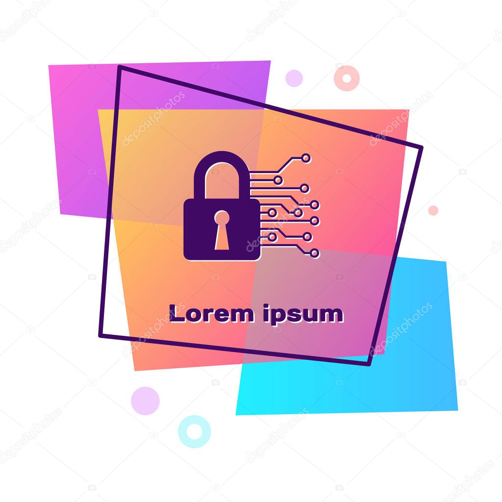 Purple Cyber security icon isolated on white background. Closed padlock on digital circuit board. Safety concept. Digital data protection. Color rectangle button. Vector Illustration