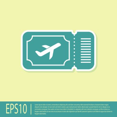 Yeşil Uçak bilet simgesi sarı arka planda izole. Uçak bileti. Vektör İllüstrasyonu