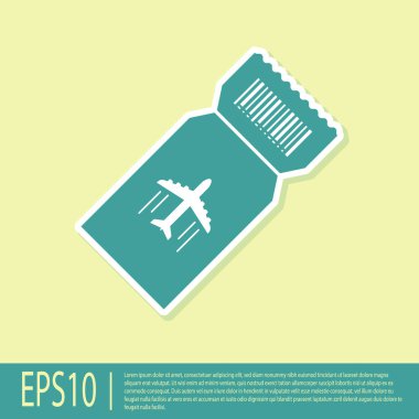 Yeşil Uçak bilet simgesi sarı arka planda izole. Uçak bileti. Vektör İllüstrasyonu
