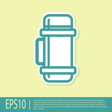 Sarı arkaplanda yeşil termos konteynır simgesi izole edildi. Termo matara ikonu. Kamp ve yürüyüş ekipmanları. Vektör İllüstrasyonu