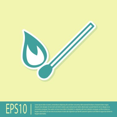 Sarı arkaplanda izole edilmiş ateş ikonu ile yeşil yakma kibriti. Ateşle maç. Kibrit işareti. Vektör İllüstrasyonu