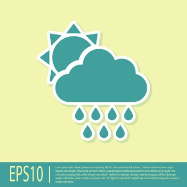 Yeşil Bulut yağmur ve güneş simgesi sarı arka plan üzerinde izole ile. Yağmur damlaları ile yağmur bulutu yağış. Vektör İllüstrasyonu