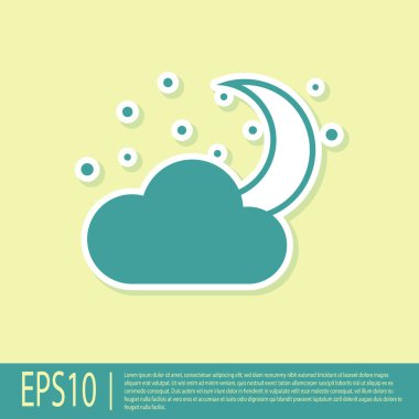 Sarı arka planda izole edilmiş ay ve yıldız simgesine sahip Yeşil Bulut. Bulutlu gece işareti. Uyku rüyaları sembolü. Gece ya da yatak saati işareti. Vektör İllüstrasyonu