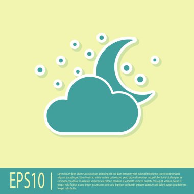 Sarı arka planda izole edilmiş ay ve yıldız simgesine sahip Yeşil Bulut. Bulutlu gece işareti. Uyku rüyaları sembolü. Gece ya da yatak saati işareti. Vektör İllüstrasyonu