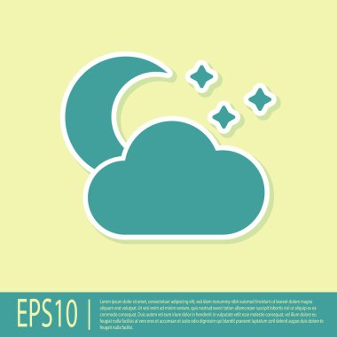 Sarı arka planda izole edilmiş ay ve yıldız simgesine sahip Yeşil Bulut. Bulutlu gece işareti. Uyku rüyaları sembolü. Gece ya da yatak saati işareti. Vektör İllüstrasyonu