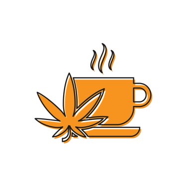 Beyaz arka plan üzerinde izole esrar veya kenevir yaprağı simgesi ile Orange Cup çay. Marihuana yasallaştırma. Kenevir sembolü. Vektör İllüstrasyonu