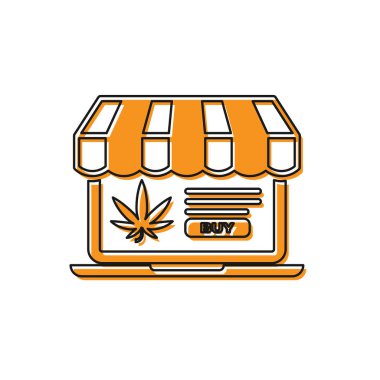 Beyaz arka planda turuncu dizüstü bilgisayar ve tıbbi marihuana veya kenevir yaprağı ikonu var. İnternetten satın alma sembolü. Süpermarket sepeti. Vektör İllüstrasyonu