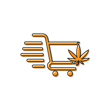 Beyaz arka plan üzerinde izole esrar veya esrar yaprağı simgesi ile Orange Alışveriş sepeti. Online satın alma. Teslimat hizmeti. Süpermarket sepeti. Vektör İllüstrasyonu