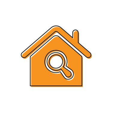 Turuncu Arama evi simgesi beyaz arka planda yalıtılmış. Büyüteç altında bir evin gayrimenkul sembolü. Vektör İllüstrasyonu