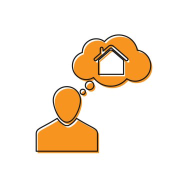 Turuncu Adam beyaz arka plan üzerinde izole yeni bir ev simgesi satın alma hakkında hayal. Vektör İllüstrasyonu