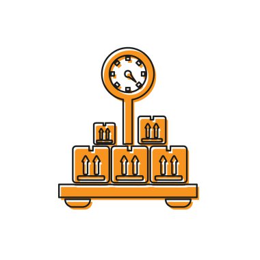 Turuncu Ölçek karton kutu simgesi beyaz arka plan üzerinde izole ile. Lojistik ve teslimat. Bir ölçekte teslimat paketinin ağırlığı. Vektör İllüstrasyonu