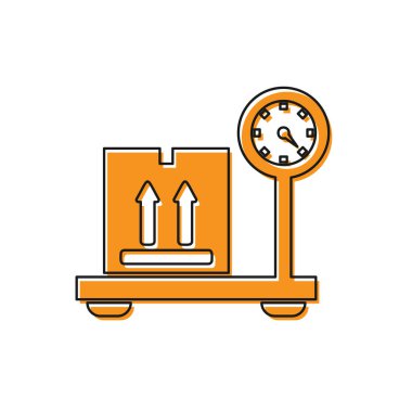 Turuncu Ölçek karton kutu simgesi beyaz arka plan üzerinde izole ile. Lojistik ve teslimat. Bir ölçekte teslimat paketinin ağırlığı. Vektör İllüstrasyonu