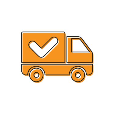 Beyaz arka planda izole edilmiş onay işareti simgesine sahip Turuncu Teslimat kamyonu. Vektör İllüstrasyonu