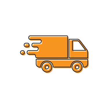 Turuncu Teslimat kamyon hareket simgesi beyaz arka plan üzerinde izole. Hızlı nakliye teslimat kamyonu. Vektör İllüstrasyonu