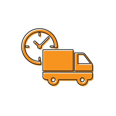 Turuncu Lojistik teslimat kamyonu ve saat simgesi beyaz arka plan üzerinde izole. Teslim süresi simgesi. Vektör İllüstrasyonu