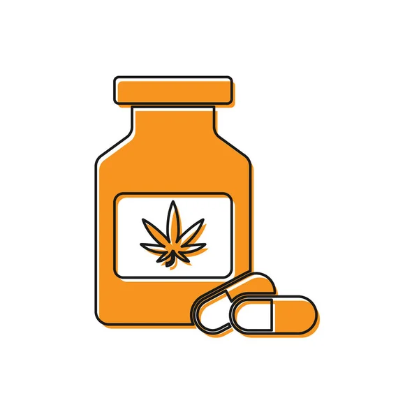 Orange Medical bottle with marijuana or cannabis leaf icon isolated on white background. Mock up of cannabis oil extracts in jars. Vector Illustration — Stock Vector