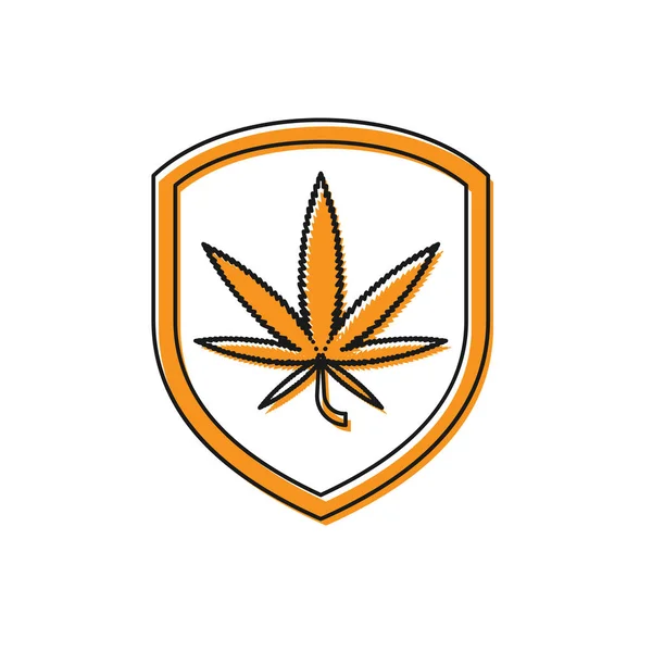 Escudo de laranja e maconha ou ícone de folha de cannabis isolado no fundo branco. Legalização da marijuana. Símbolo de cânhamo. Ilustração vetorial — Vetor de Stock