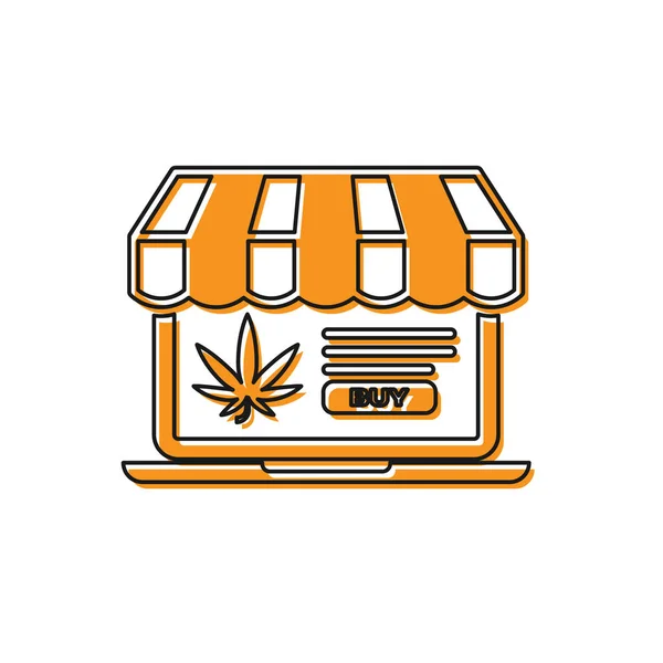 Beyaz arka planda turuncu dizüstü bilgisayar ve tıbbi marihuana veya kenevir yaprağı ikonu var. İnternetten satın alma sembolü. Süpermarket sepeti. Vektör İllüstrasyonu — Stok Vektör