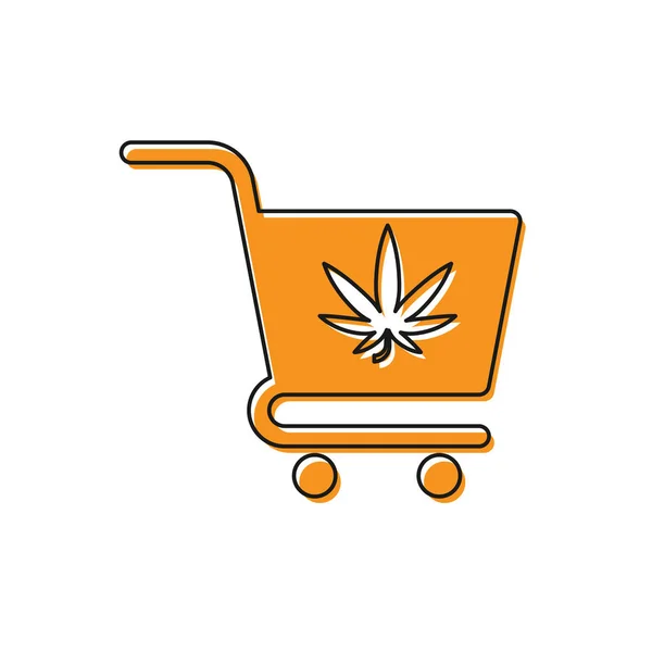 Orange Shopping cart with marijuana or cannabis leaf icon isolated on white background. Online buying. Delivery service. Supermarket basket. Vector Illustration — Stock Vector