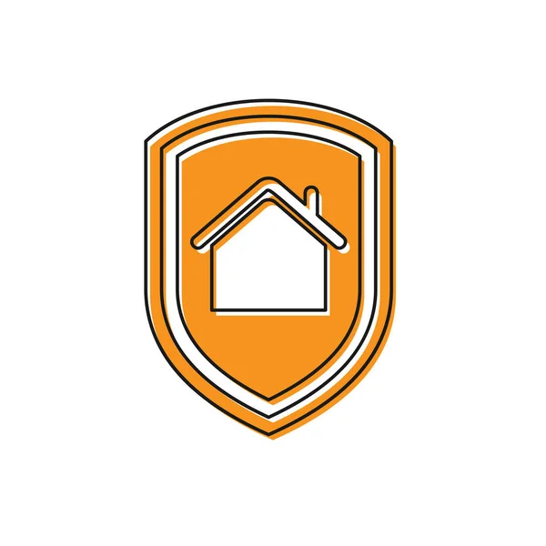Orange House bajo el icono de protección aislado sobre fondo blanco. Hogar y escudo. Protección, seguridad, protección, concepto de defensa. Ilustración vectorial — Vector de stock