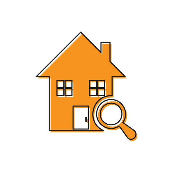 Orange Search house icon isolated on white background. Real estate symbol of a house under magnifying glass. Vector Illustration — Stock Vector