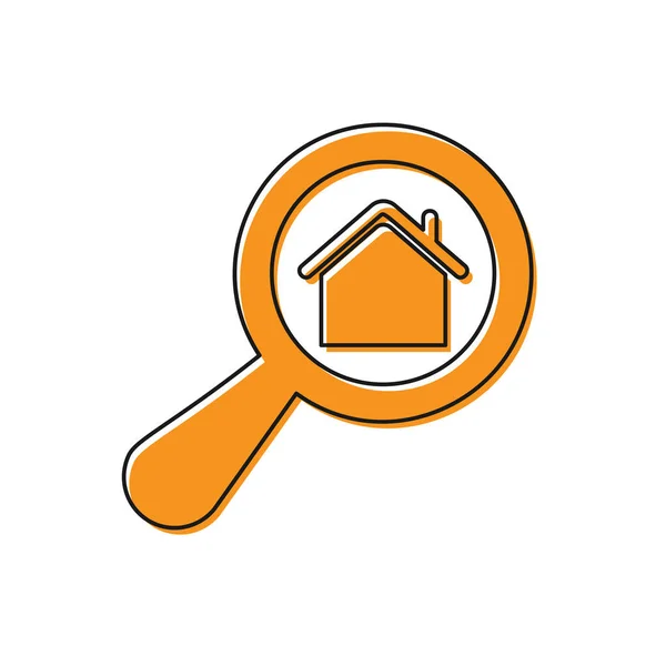 Icono de la casa Orange Search aislado sobre fondo blanco. Símbolo inmobiliario de una casa bajo lupa. Ilustración vectorial — Vector de stock